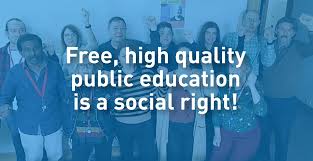 The picture shows a group of education workers with the caption "Free, high quality public education is a social right!". The image has a blue tint.