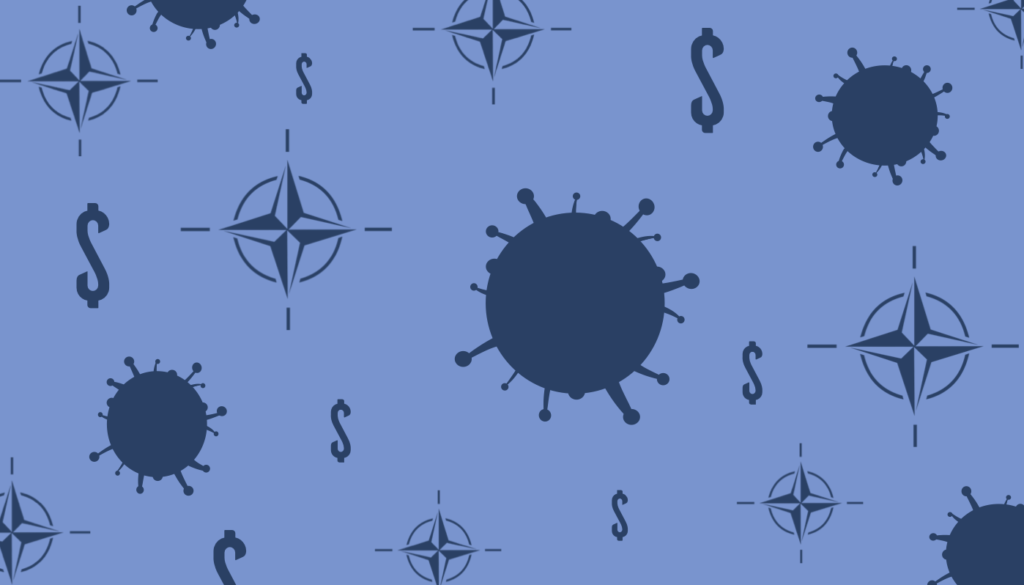 An arrangement of icons on a blue background: COVID-19, the NATO logo, and dollar signs