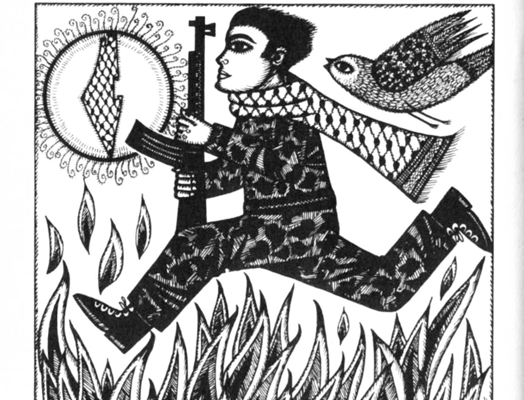 Line drawing of a Palestinian boy in a keffiyeh jumping over flames, rifle in hand. He is followed by a bird. The sun shines above him, showing the map of Palestine.