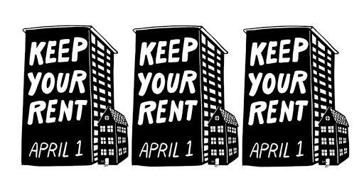 The picture shows three black and white drawings of apartment buildings that spell out "Keep your rent April 1st"