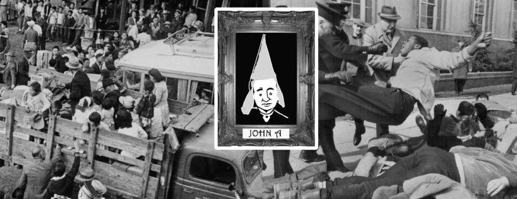 John A Macdonald wearing a dunce cap. Behind him are photos of Japanese internment camps and anti-black police brutality.