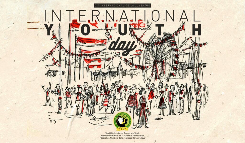 The poster shows a midcentury-style sketch of a large gathering of youth in different national costumes. It says "International Youth Day" and displays the World Federation of Democratic Youth logo.
