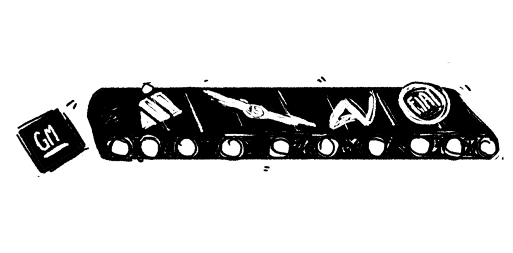 un dessin d'une bande transporteuse avec des logos de constructeurs automobiles à Windsor