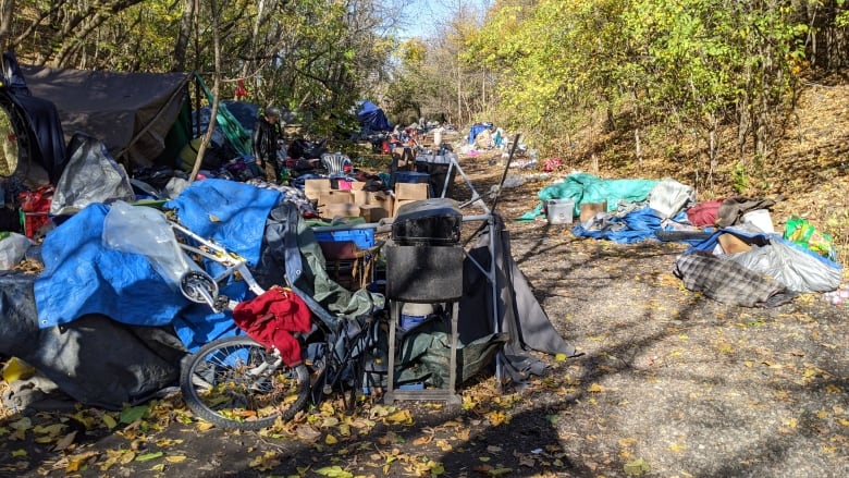 A photo of a number of tents and personal belongings scattered in a wooded area in Windsor.