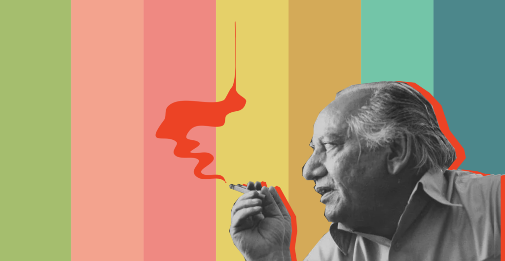 A photograph of the poet Faiz Ahmad Faiz, an older Pakistani man with his hair combed back, smoking a cigarette. The cigarettes fumes are red, and behind him is a colourful background.