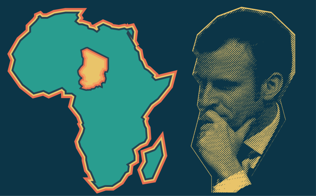 Macron, thinking deeply, looks at a map of Africa with Chad highlighted in yellow.