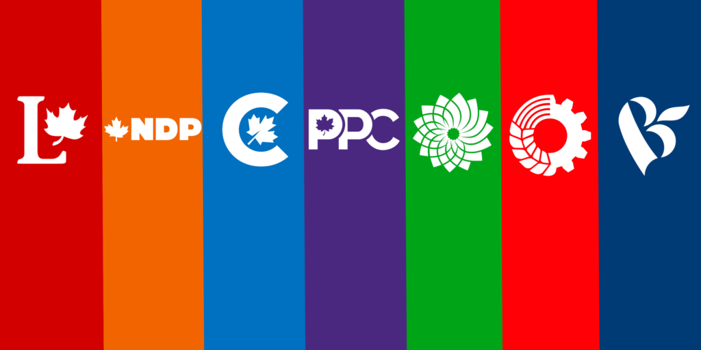 An image showing the logos and colours of seven Canadian political parties: the Liberals in red, the NDP in orange, the Conservatives in blue, the People's Party in purple, the Green Party in green, the Communist Party in red, and the Bloc Quebecois in dark blue.