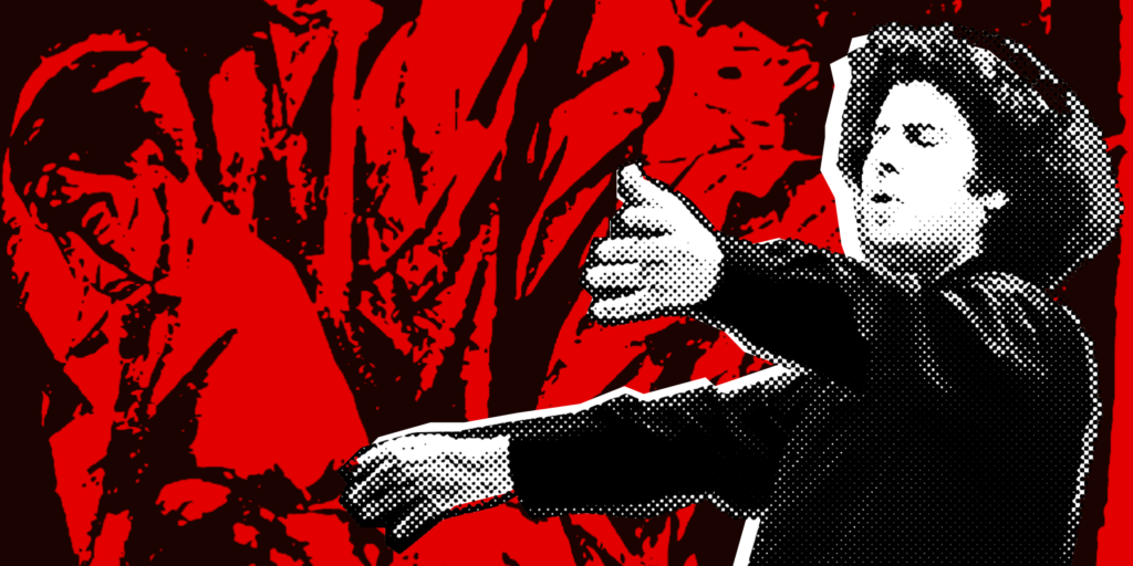 Une image de Mikis Theodorakis avec ses bras tendus, comme s'il dirigeait un orchestre. En arrière-plan, un dessin noir et rouge d'ouvriers.